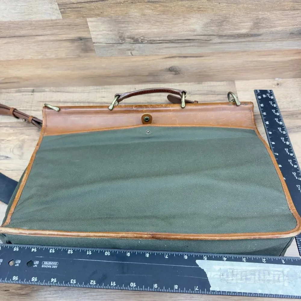 L.L. Bean Dowel Rod Canvas Green Business Travel Briefcase Shoulder Leather Bag